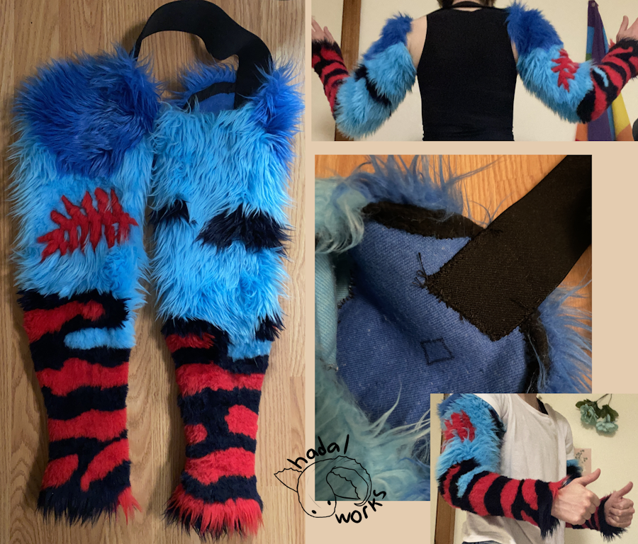 Compilation of the suit's sleeves. They're bright blue but turn dark purple and red at the wrists. They have a red fern shaped marking in one sleeve.