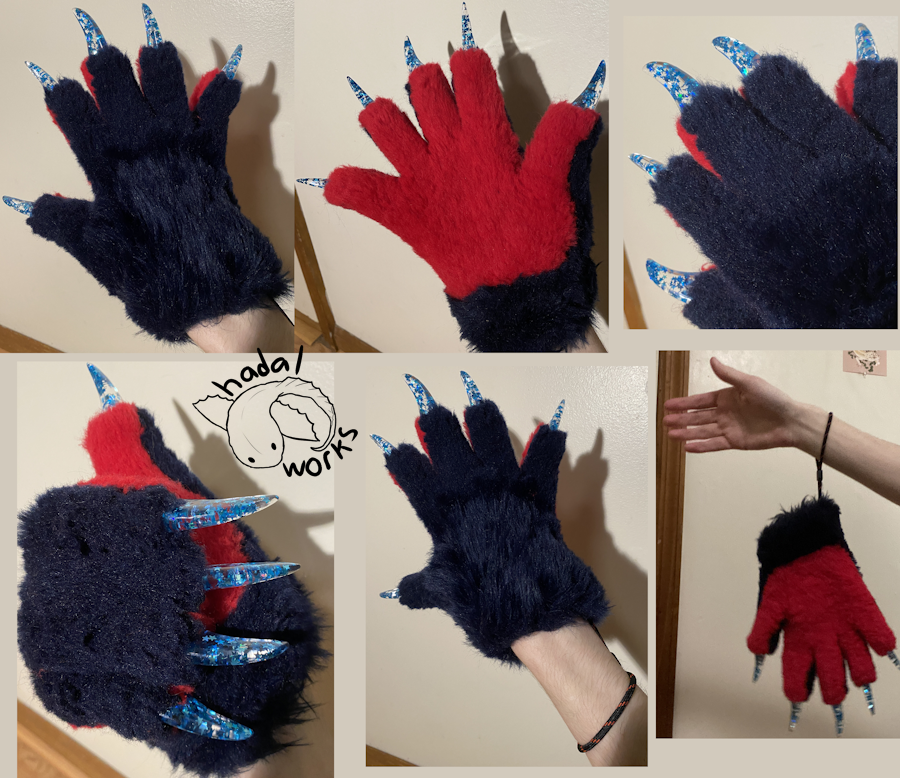 A collage of hand paws. They're dark purple with red palms. They're 5-fingered slim fitted like a glove. They have clear resin claws with star shaped confetti pieces in it. They have multi-colored non-matching wrist straps.