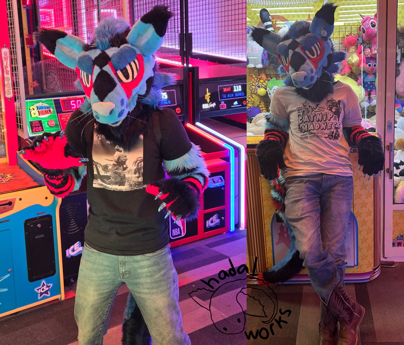 Two pictures of a partial fursuit. It is a blue kangaroo with two black diamond markings from its nose to its mane, which is also black with a dark blue stripe. The dark blue is also on the eyebrows and muzzle dots. It has six messy whiskers. There are bright UV-reactive red markings on the eyes and on the palms, which are dark with translucent claws that have blue glitter in them.