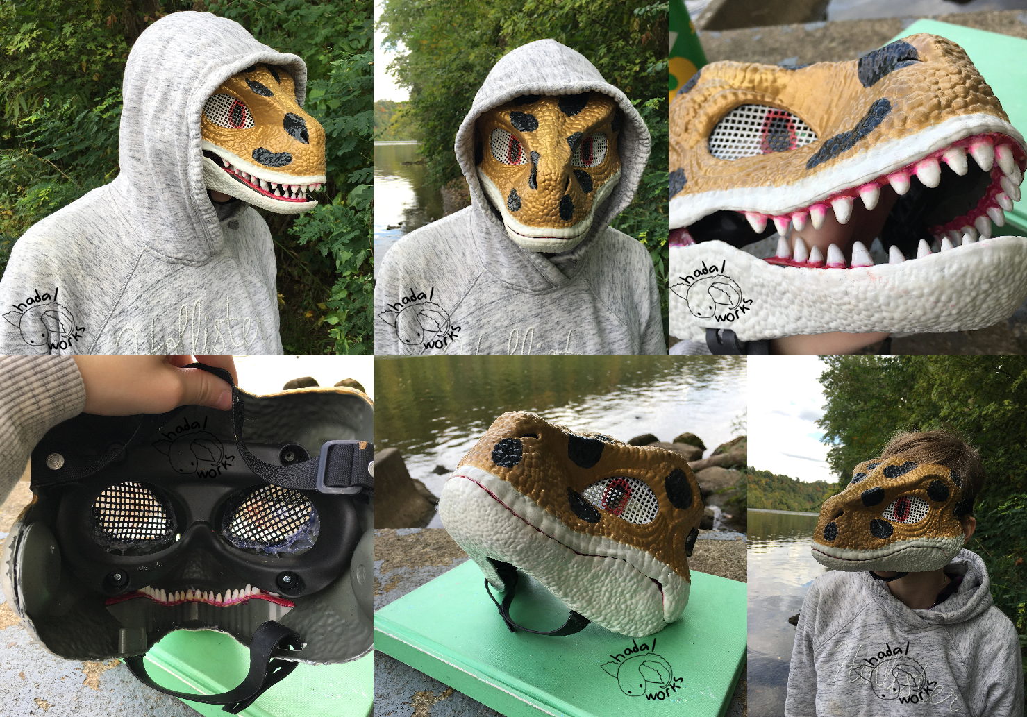 Compilation of photos of a plastic dinosaur mask painted to look like a leopard gecko. It has shiny gold on the top of the head, white along the bottom, and sporadic black spots on the face. The jaw moves and some photos are closed and others are open.