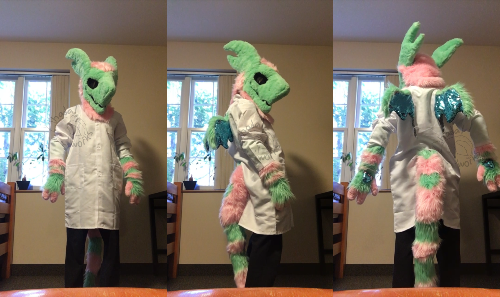 Three photos of the partial suit being worn at different angles while standing. The suit is a dragon with large fin-like ears. It's fur is pastel green and it has light pink details on its mane as well as arm stripes and finger tips. It has small green wings with blue sequins on the membranes.