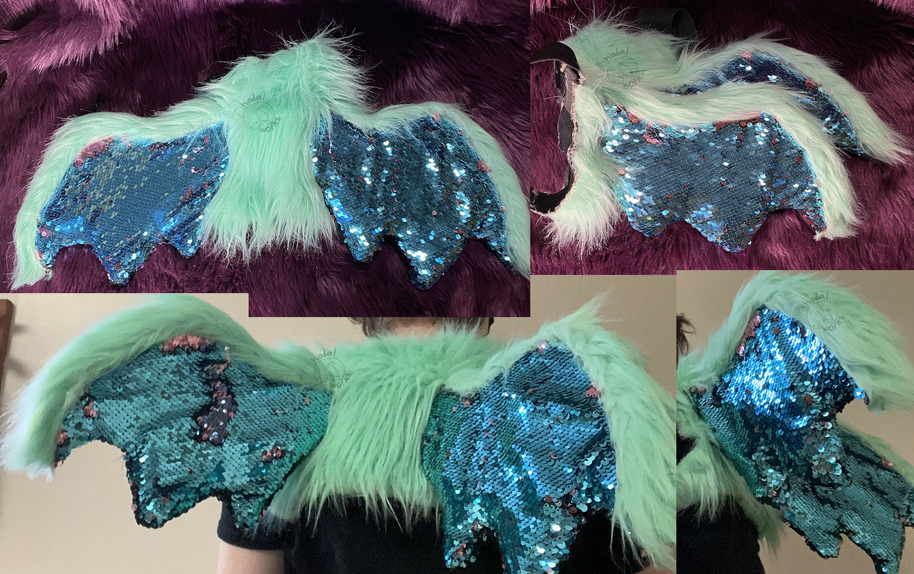 Compilations of photos of the wings, showing that they strap around the shoulders and have a pastel green base with blue sequin wing membranes.