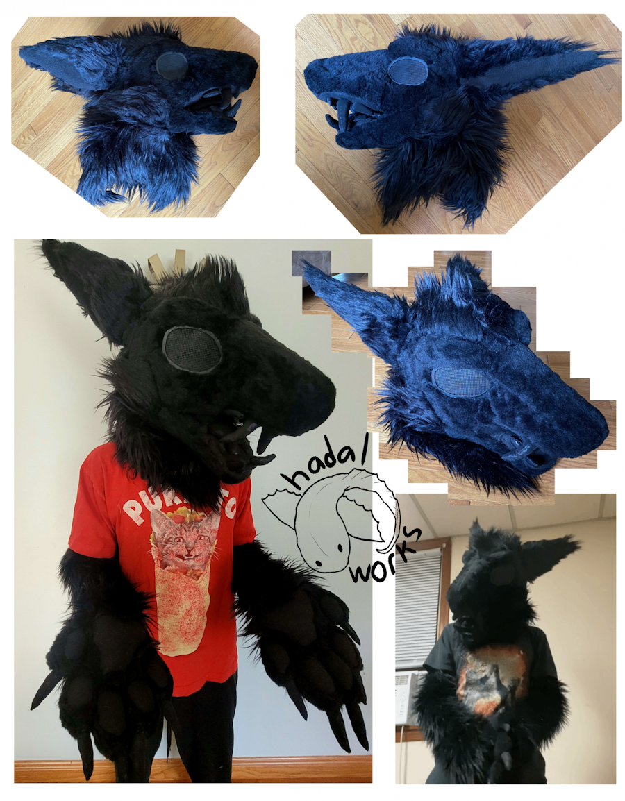 Collage of images of this pitch black partial fursuit. The head doesn't look like any sort of animal, it may have some form of canine influence but is a very nonspecific vague fantasy creature. Even its eyes are solid matte black. Its muzzle is pointy and it has huge back-pointing ears. Its mouth is full of pointy teeth that are angled outwards.