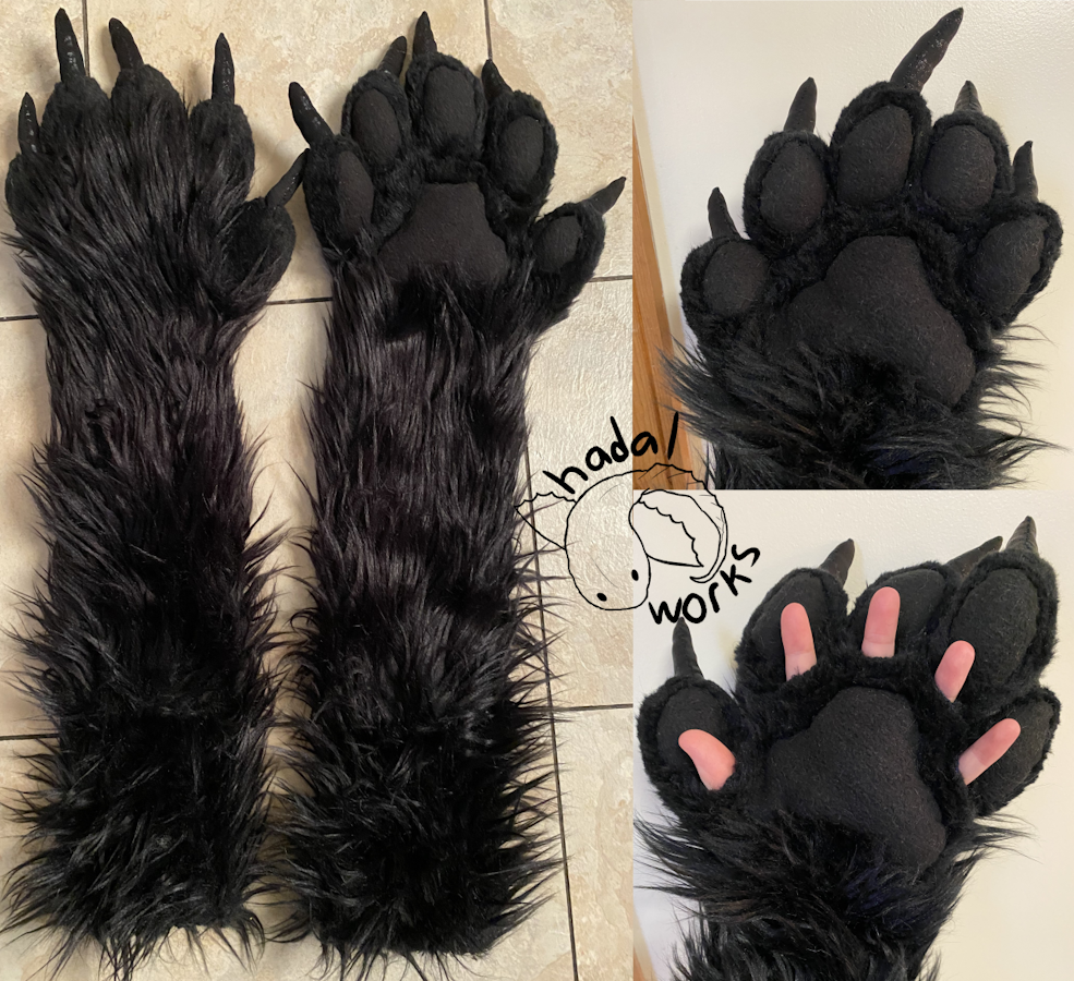 Collage of this fursuit's paws. They look like generic paws, with 5 round padded fingers and a big pawpad in the middle of the palm. Black fur with black fleece pads and a shiny spandex fabric for claws. These paws have hidden finger slips, and one photo shows my human fingers emerging from under the toe beans.