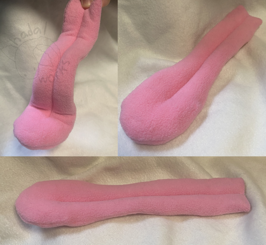 Three shots of the tongue. It is pink fleece and the images show it curled up and bent and laid flat out at different angles.