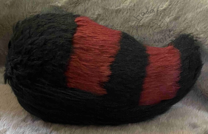 Solid black tail with two rectangular red stripes across the top.